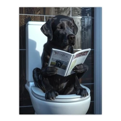 Image of Artery8 Dog Lover Funny Black Labrador Reading on Toilet For Bathroom Unframed Wall Art Print Poster Home Decor