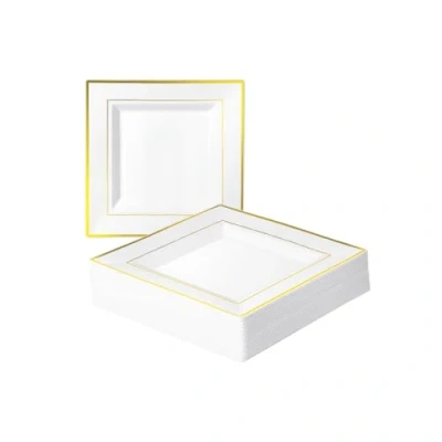 Image of MATANA 20 Premium Square White Plastic Dessert Plates with Gold Rim, 16.5cm / 6.5 Inch Reusable Small Side Plates, Starter for Weddings, Birthdays, Picnic, BBQ, Parties