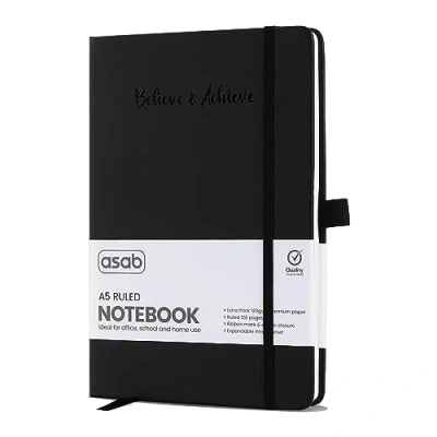 Image of ASAB A5 Journal Notebook Lined Vegan Leather Extra Thick 120gsm Premium Paper Work 128 Pages Elastic Banded with 2 Ribbon Notepad Bookmarks Business for Office School (Black)