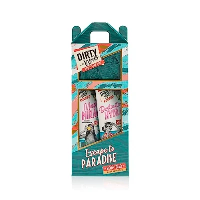 Image of Dirty Works Escape to Paradise, Christmas Gift, Destination Hydration Hand and Body Lotion, Moisture Miracle Hydrating Wash Power Puff Shower Gift Set.