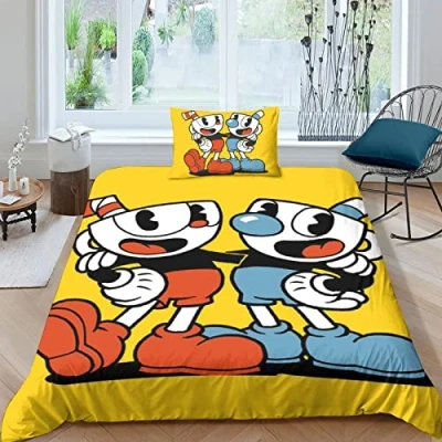 Image of FGAITH Cuphead Bedding Set Printed Duvet Cover Quilt with Zipper Closure Kids Set, Microfiber + Pillowcases Single（135x200cm）