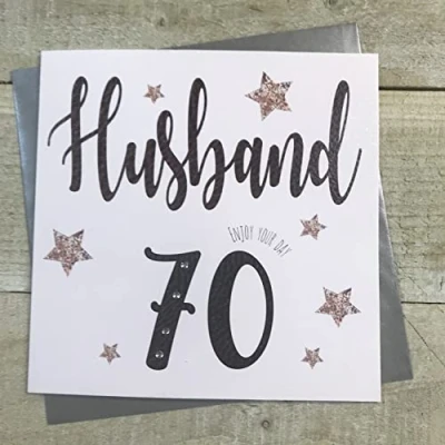 Image of White Cotton Cards HUSBAND AGE 70 BIRTHDAY CARD, LEATHER WORD DESIGN, HANDFINISHED (MT15 70)