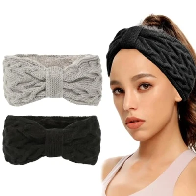 Image of Roysmart Women&#039;s Winter Headband, Pack of 2 Knitted Headbands, Lined Fleece Hair Band, Elastic Women Headwrap (Black + Grey)