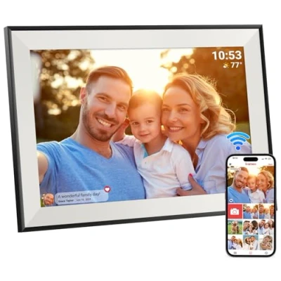 Image of Hesmor Frameo Digital Photo Frame WiFi, 10.1 Inch Picture 1280x800 IPS Touchscreen Auto Rotat Electronic Share Photos Videos Anywhere, 32GB, Black &amp; White