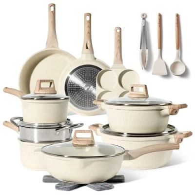 Image of Just Perfecto Set of 21 Pots and Pans, Non Stick Cookware Set, White Granite Induction with Frying Pans Saucepans (PFOS, PFOA Free) (Biege)