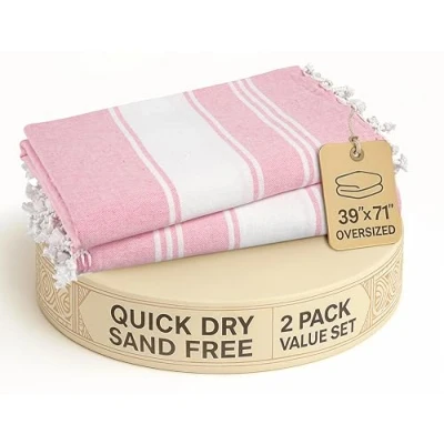 Image of LANE LINEN Turkish Beach Towels, 2 Pack Extra Large Towel, Pre Washed For Soft Feel, 100% Cotton Oversized Sand Free Quick Dry Pool Towels Adults, 39&quot;x71&quot; Candy Pink