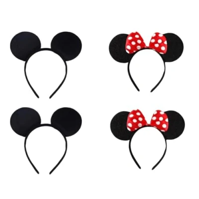 Image of SERENA&#039;S ® 4 Pcs Black &amp; Red Polka Dot Bow Mickey Minnie Mouse Ears Headband for Birthday Halloween Parties Boys Girls Adults Children Fancy Dress Hair Accessories Set of