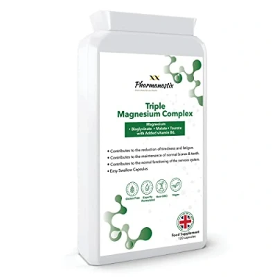 Image of Triple Magnesium Complex 120 Vegan Capules Malate, Bisglycinate &amp; Taurate, Providing 375mg Elemental Per Daily Serving with Added Vitamin B6 by Pharmanostix