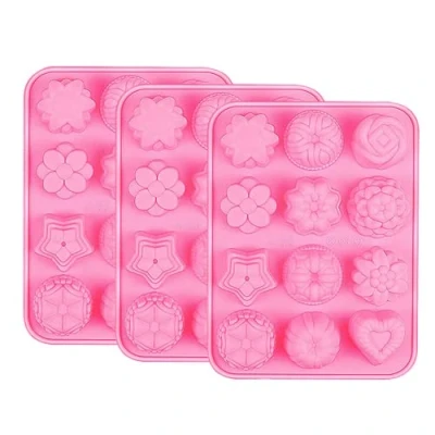Image of Selecto Bake 12 Cavity Silicone Mould, Set of 3 3D Flower Heart Fruit Star Shaped Bakeware Mold Cake Baking Tray for DIY Dessert Cupcake Pudding Jelly Chocolate Candy Soap