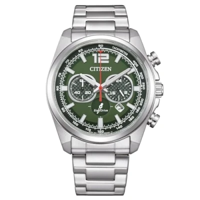 Image of CITIZEN CA4640 Eco Drive Solar Chrono Men&#039;s Watch with 41 mm Diameter in Various Designs, Green / Metal Band