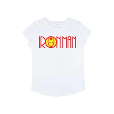 Image of Marvel Women&#039;s Avengers Classic Retro Ironman Logo Rolled Sleeve T Shirt, White, S
