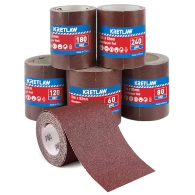 Image of KRETLAW Sandpaper Roll Set, 5 Rolls, 93mm x 5m, Grit 60/80/120/180/240, Aluminium Oxide Abrasive Sanding Paper for Sanding, Polishing, and Rust Removal on Wood, Metal, Steel