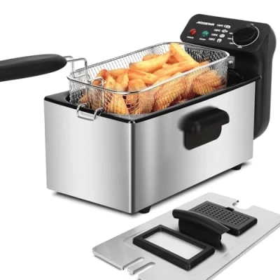 Image of Aigostar Deep Fat Fryer 2200W, 3 Litre Easy Clean, with Viewing Window, Stainless Steel, Temperature Control, Removable Oil Basket, Silver Ushas 30JPN