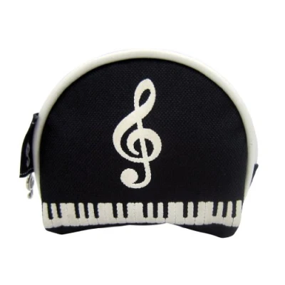 Image of Music Themed Black Embossed White Treble Clef Keyboard Design Small Coin Purse Zipper Bag