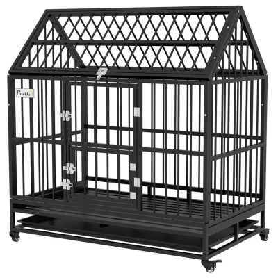 Image of PawHut 48&quot; Heavy Duty Dog Crate on Wheels with Removable Tray Openable Top