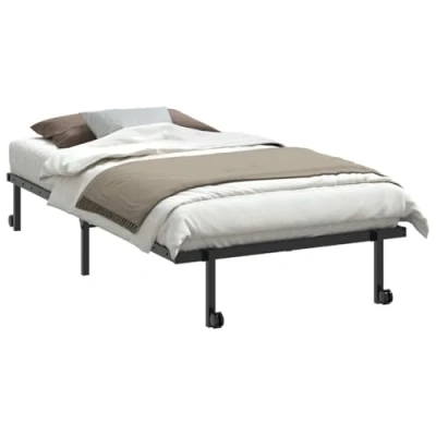 Image of vidaXL Black Steel Bed Frame Foldable Folding with Wheels, Sturdy Portable Metal Slatted Base, Storage Space for Guest Room/Small Bedroom Compatible 100x190 cm Mattress