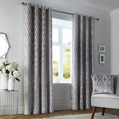 Image of Curtina Marco Jacquard Pair of Eyelet Curtains 66&quot; Width x 54&quot; Drop (168 137cm) in Silver