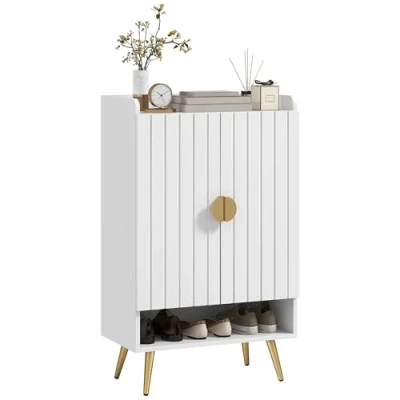 Image of HOMCOM Modern Shoe Cabinet with 2 Doors, Open Shelf and Adjustable Shelves, Hallway Cupboard for 15 Pairs of Shoes, Entryway Storage Unit, White