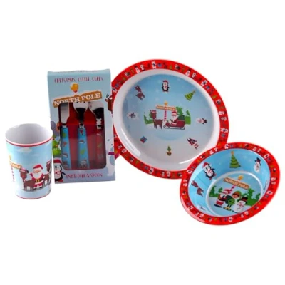 Image of Christmas Santa 4 Piece Melamine Kid&#039;s Dinner Set Plate, Bowl, Cup, Metal Cutlery