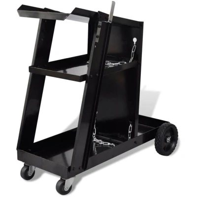Image of vidaXL Welding Cart Black Trolley with 3 Shelves Workshop Organiser