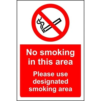 Image of No smoking in this area. Please use designated area sign 3mm Aluminium 300mm x 200mm