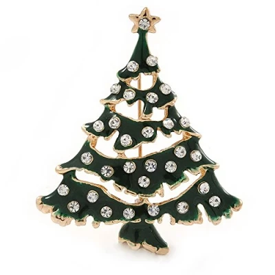 Image of Avalaya Holly Jolly Clear Crystal Dark Green Enamel Christmas Tree Brooch in Gold Plating 55mm L
