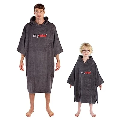Image of Dryrobe Towelling Robe Hooded Poncho Towel Changing Organic Cotton (400 gsm) Short Sleeve (Large Slate Grey)