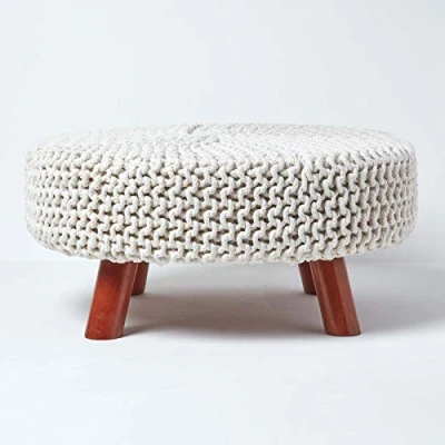 Image of HOMESCAPES Natural Knitted Pouffe Footstool Occasional Seat 100% Cotton for Living Room Children or the Elderly