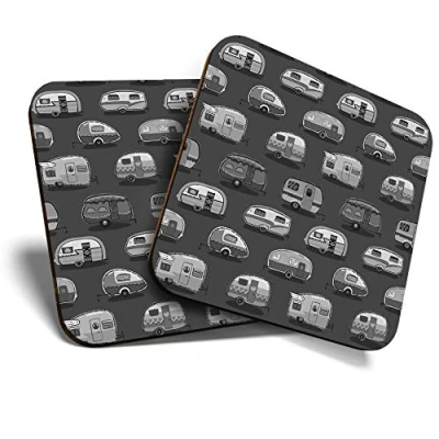 Image of 2 x Square Coasters Fun Caravans Caravan Camping Cork Backed Home Kitchen Accessory Tea Coffee Mug Mat #38980