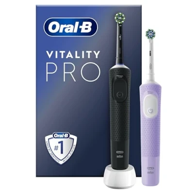 Image of Oral B Vitality Pro 2x Electric Toothbrushes For Adults, 2 Toothbrush Heads, 3 Brushing Modes Including Sensitive Plus, Pin UK Plug, Black &amp; Purple