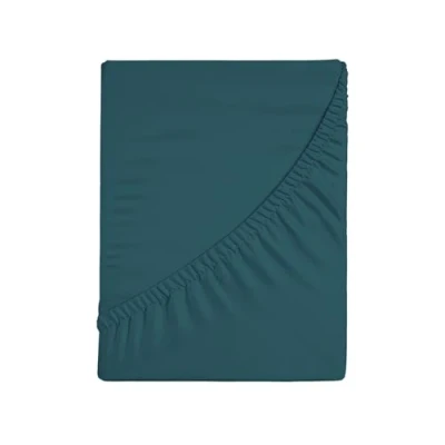 Image of Fitted Sheet for Double Bed, Plain Dyed Bottom Sheet, 4 Sides, 100% Cotton Jersey, 170/180 x 190/200 cm, Teal