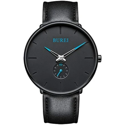Image of BUREI Mens Minimalist Watch Black Large Face Rose Gold Hands Silver Stainless Steel Mesh Band