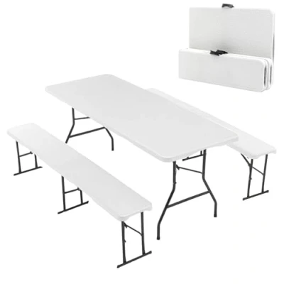 Image of BIRCHTREE Folding Foldable Table Bench Set 6FT 1.8M Heavy Duty HDPE Steel Legs Portable Outdoor Camping Garden Picnic BBQ Party White