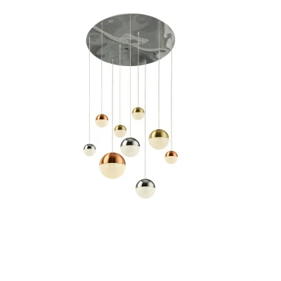 Image of Planets 9 Light Ceiling Pendant, Copper, Chrome, Satin Brass Caps &amp; Crystal Sand