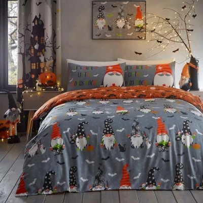Image of Bedlam Scary Gonks Duvet Cover Double Bedding Size (200 x 200cm) Reversible (2 Designs) Halloween Glow in the Dark Spooky Bats and Pumpkins Decorations