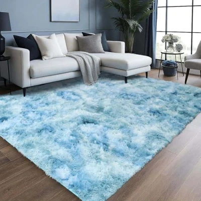 Image of Oxford Homeware Rugs Living Room 120 x 170 CM Tie Dye Teal Area for Bedroom Large Non Slip Modern Super Soft Plush Carpets Fluffy Shaggy Rug Lounge, Dining Shedding Bedside