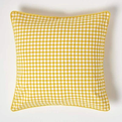 Image of HOMESCAPES 100% Cotton Gingham Check Large Cushion Cover 60 x cm Square 24 Inches Yellow White Sofa Pillow Washable