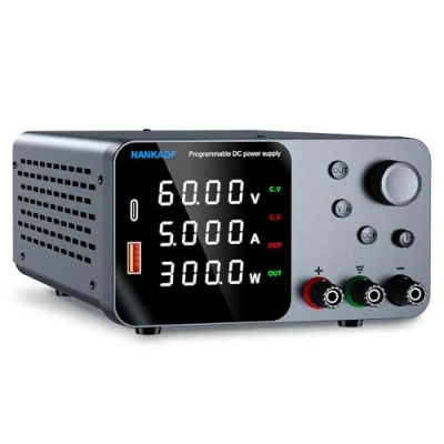 Image of DC power supply adjustable 60V 5A, lab bench with encoder knob &amp; USB A/Type c fast charging interface, 4 digit high precision LED display, variable switching regulated