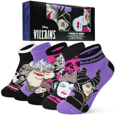 Image of Disney Womens Ankle Socks, Soft and Breathable Socks Pack of 5 Gifts for Her (Multi Villains)