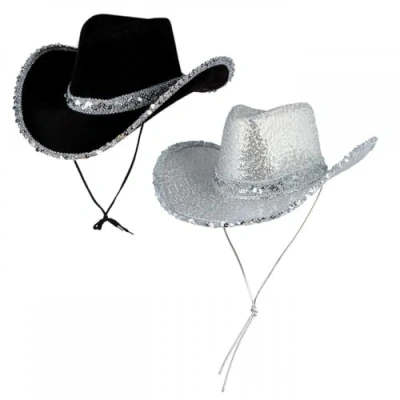 Image of Pack of 2 Texan Cowgirl Hats With Sequins (1 x SILVER and 1 BLACK) : Adult Ladies Wild West Rodeo Cowboy Music Festival Pop Tour Fancy Dress Accessory Set