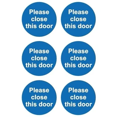 Image of Please close this door safety sign Pack of 6 100mm x Self adhesive stickers on sheet (300mm 200mm)