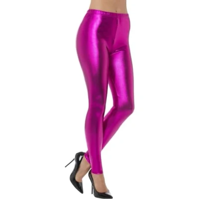 Image of Smiffys 80s Metallic Disco Leggings, Pink , 1980&#039;s Fancy Dress, 1980s Dress Up Costumes