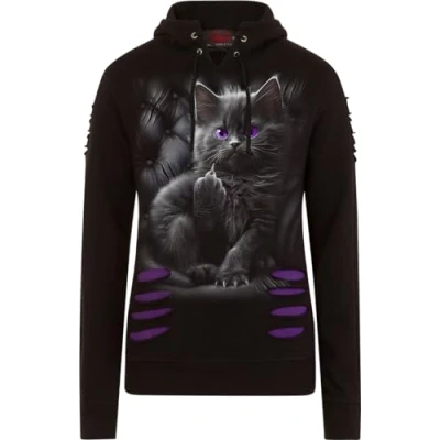 Image of Spiral Cattitude Large Hood Ripped Hoody Purple Black M