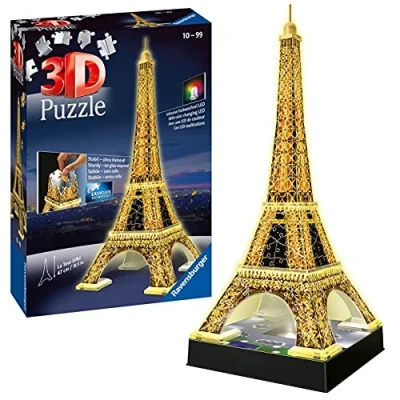 Image of Ravensburger Eiffel Tower 3D Jigsaw Puzzle for Adults and Kids Age 10 Years Up Night Edition with LED Lighting 216 Pieces No Glue Required, 18 x 47 cm