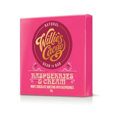 Image of Willie&#039;s Cacao raspberries &amp; Cream bar, creamy white chocolate bursting with 50g x 12 Artisan Bean to bar