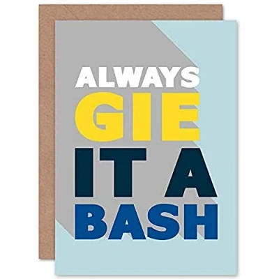 Image of Wee Blue Coo Gie it a Bash Scottish Phrase Greetings Card