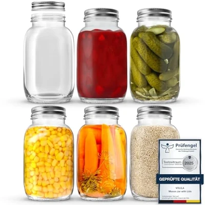 Image of volila Mason Jars with Lids 1 Litre Leakproof Glass Lids. Labels, Pen and Sponge 6 Pack Large Jar as Preserving Jars, Salad Overnight Oats Jar, Pickling