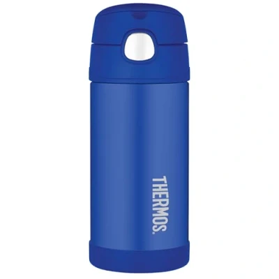 Image of Thermos Blue Water Bottle (355ml) BPA Free, Stainless Steel, Spill Proof, Pop Up Straw, Kids Flask with Personalised Name Labels &amp; Carry Handle for 12 Hour Cold Drinks