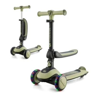 Image of Kinderkraft Halley 2 in 1 Scooter for Kids 1+ Year Old to 50 kg, 3 Wheel Scooter, Balance Bike, Easy Folding, Front Flashing Wheels, Adjustable Handlebar, Handle Weighs only Green