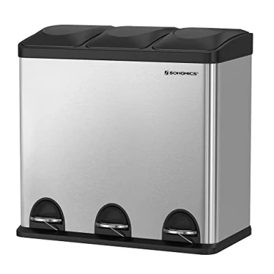 Image of SONGMICS 54L Recycling Bin, Rubbish Steel Pedal Bin with 3 Sections, Inner Buckets, 6 Sorting Labels, for Easy Waste Separation, Silver and Black LTB54L